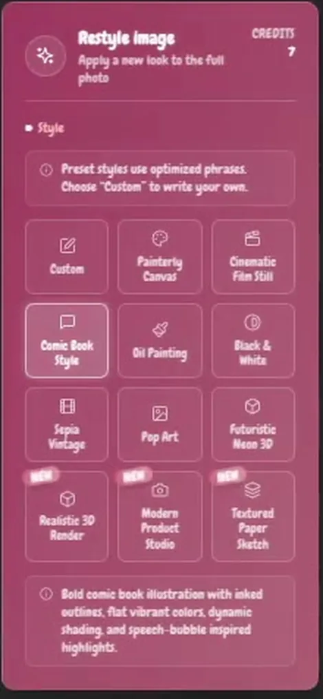Step two: panel for choosing a preset style or writing another style in Custom