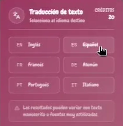 Paso dos: panel de traducción con inglés, español, francés, alemán, portugués e italiano como destinos
